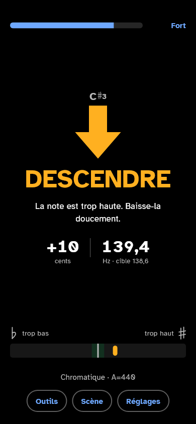 Le mode chromatique affiche la note reconnue, son octave, sa fréquence et l’écart en cents, sans corde imposée.