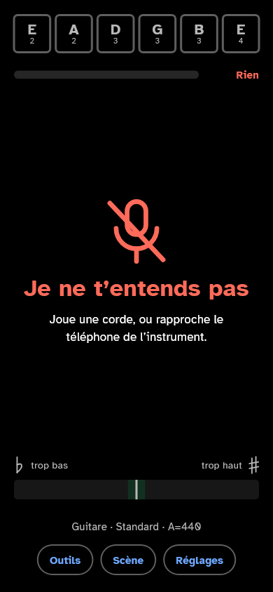 L’écran affiche « Je ne t’entends pas » et la phrase « Joue une corde, ou rapproche le téléphone de l’instrument. » Aucun chiffre n’est affiché.