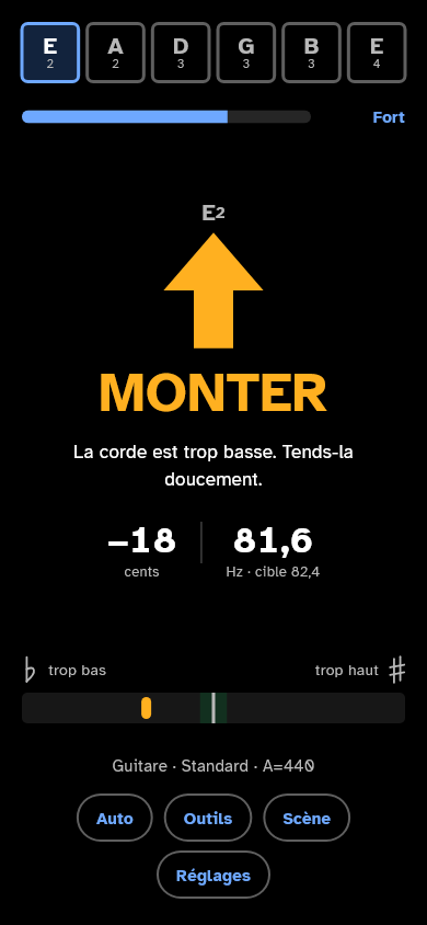 L’écran affiche une flèche vers le haut, le mot MONTER, et la phrase « La corde est trop basse. Tends-la doucement. »